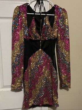 Sequin Long Sleeve Mini Dress in Pink & Gold